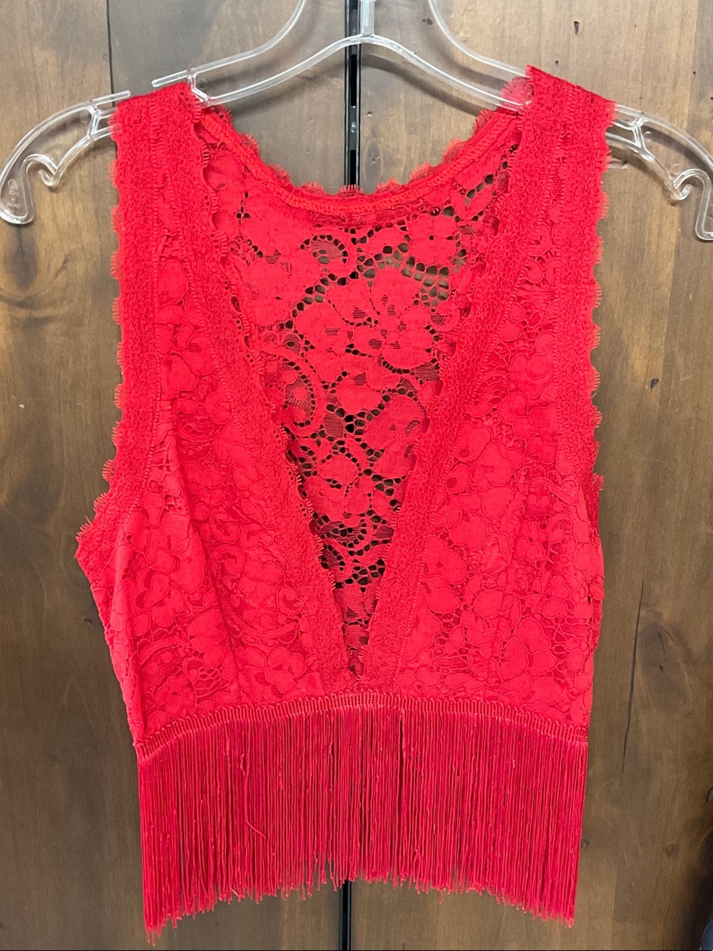 Lucky & Blessed Red Lace Fringe Backless V-Neck Top